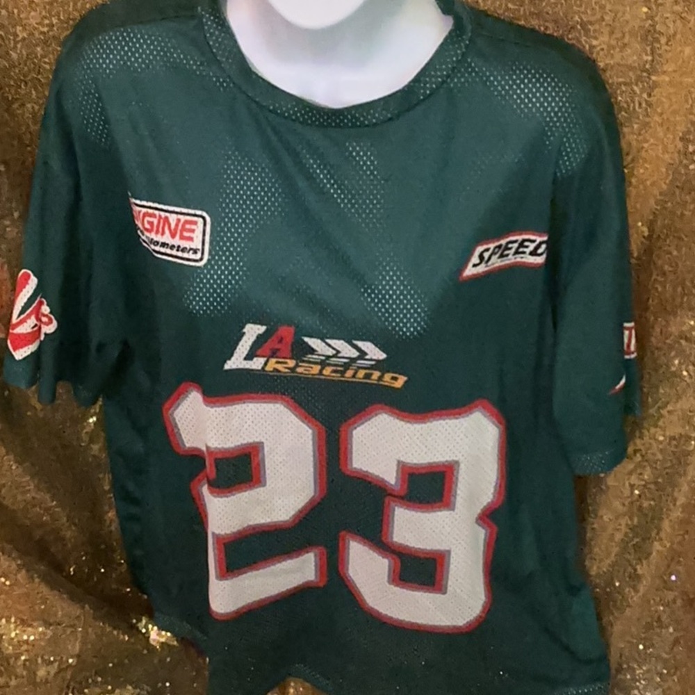 SHEIN Dark Green Racing Jersey with White & Red Graphics